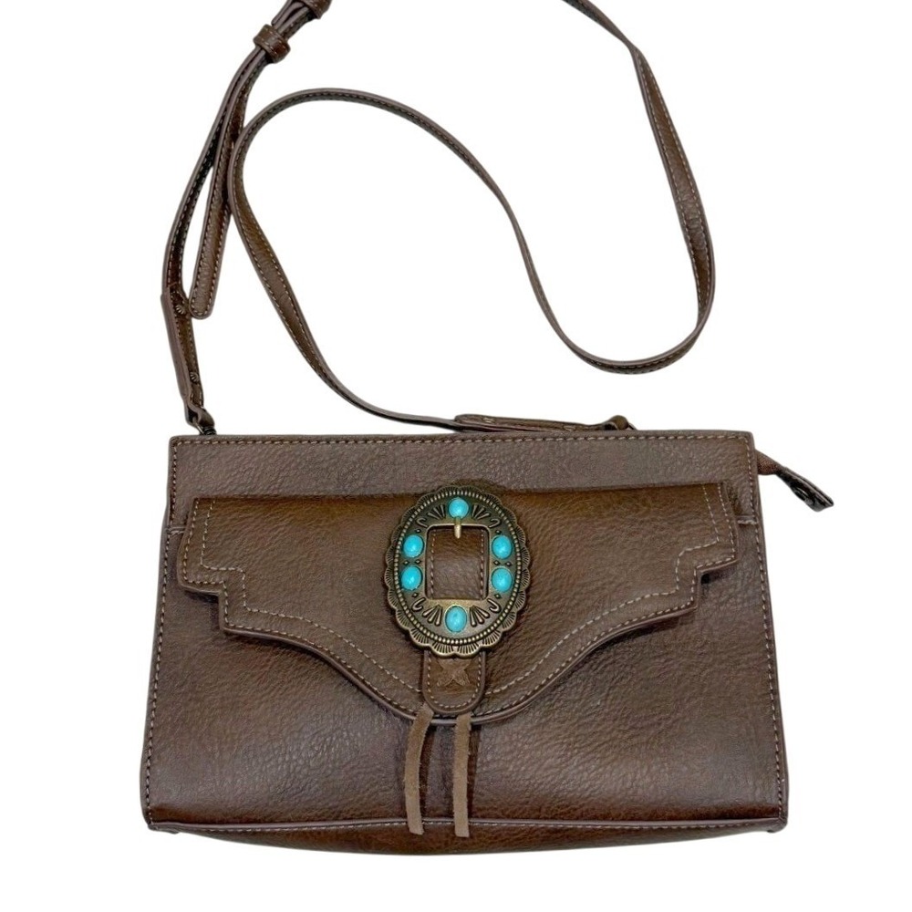 Justin Brown Faux Leather Turquoise Concho Western Crossbody Bag Cowgirl Boho